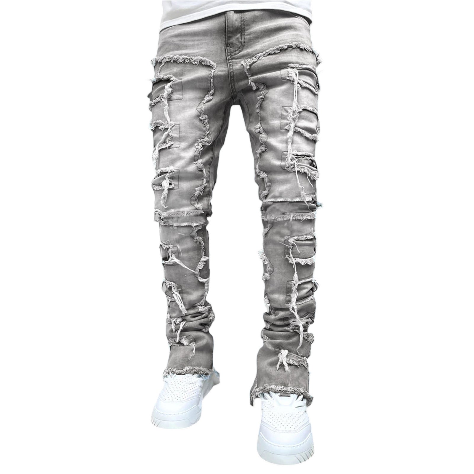 Patched Pants Long Tight Fit Stacked Jeans - Power Drip