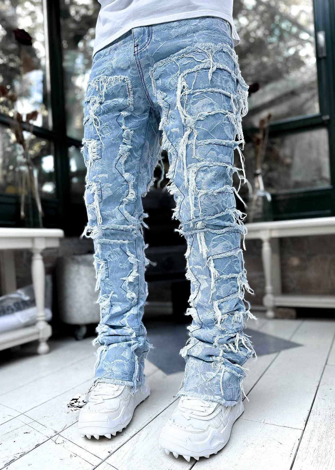 Patched Pants Long Tight Fit Stacked Jeans - Power Drip