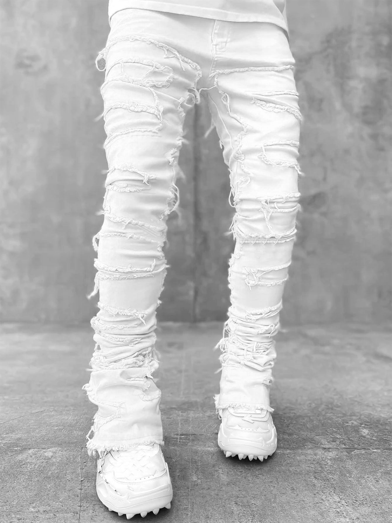 Patched Pants Long Tight Fit Stacked Jeans - Power Drip