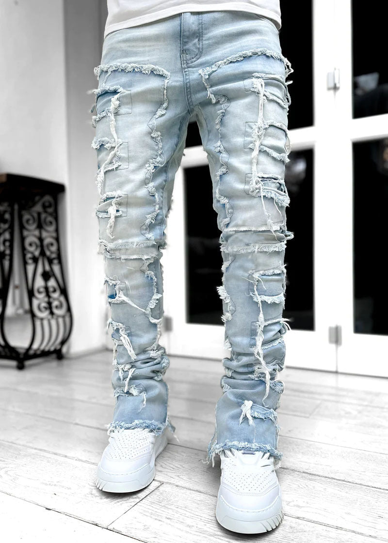Patched Pants Long Tight Fit Stacked Jeans - Power Drip